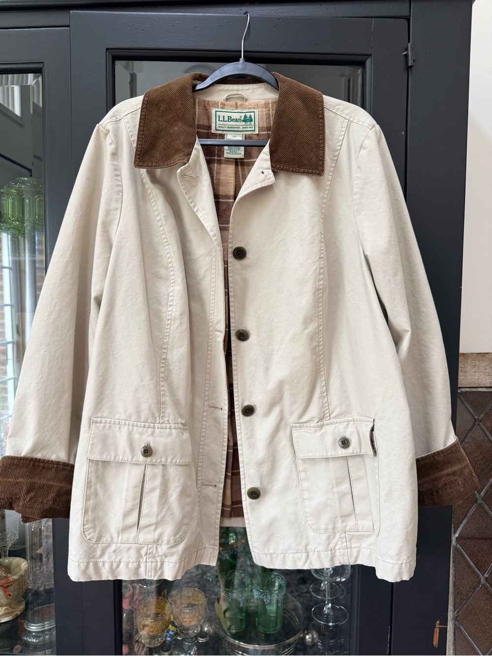 Vintage L.L. Bean Cream Canvas Utility Jacket with Brown Corduroy Collar & Cuffs